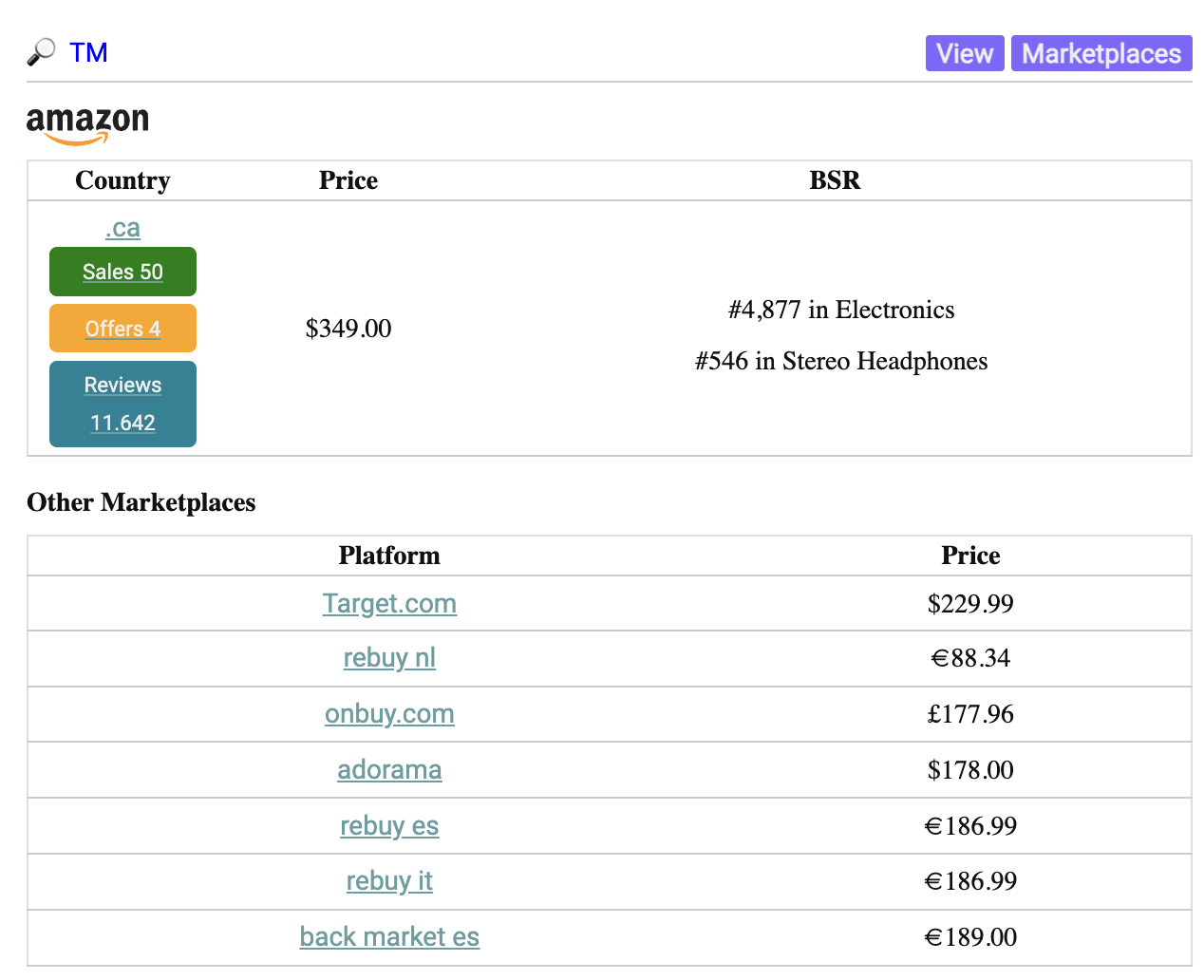 product comparation